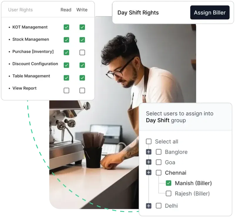Petpooja user rights dashboard with staff access controls, shift rights and outlet-wise permissions