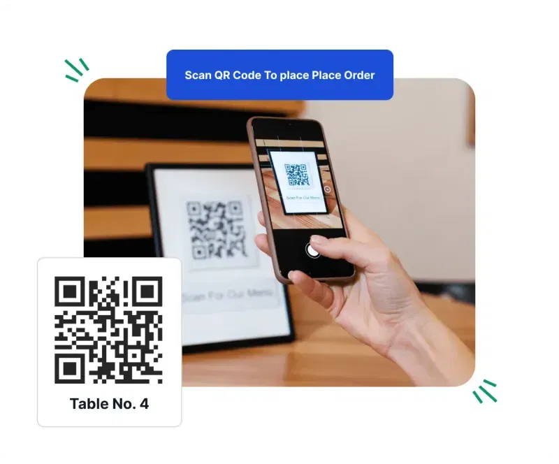 Petpooja QR code based ordering system showing smartphone scanning table QR code to place order, labeled “Scan QR Code to place order”