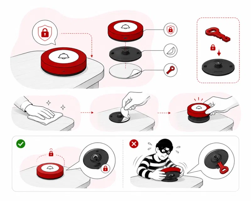 Petpooja Wireless Calling Device secured to a restaurant table with anti-theft adhesive mount