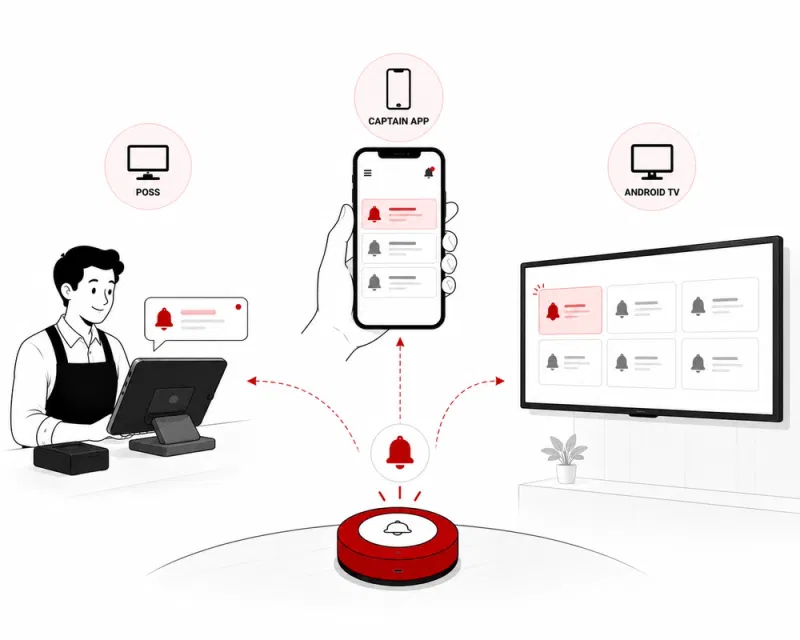 Petpooja Wireless Calling Device alerts shown live on Petpooja POSS, Captain App and Android TV