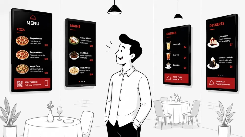 The same menu shown on a Petpooja digital display with food photos, combos and offers