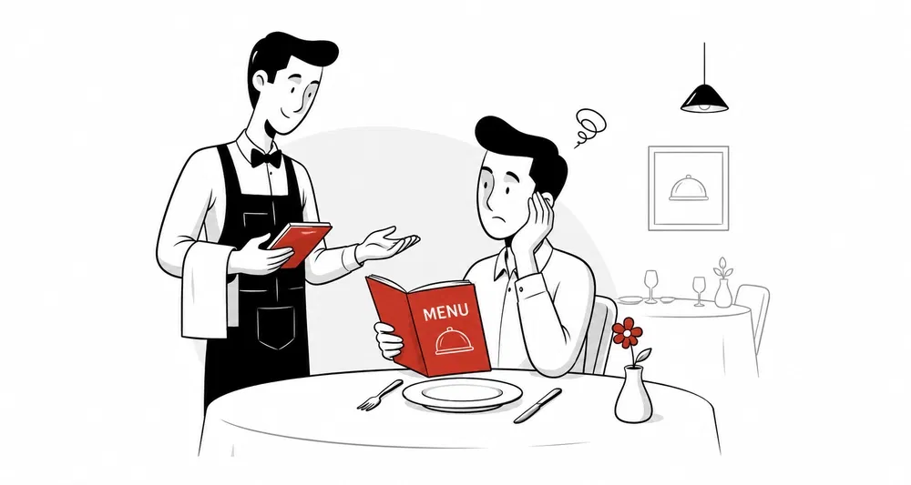 A plain printed paper menu lying on a restaurant table