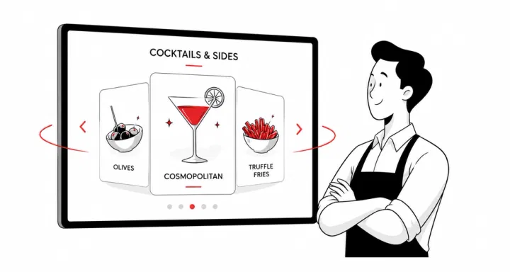 Rotating dessert and add-on promotions playing on a restaurant TV