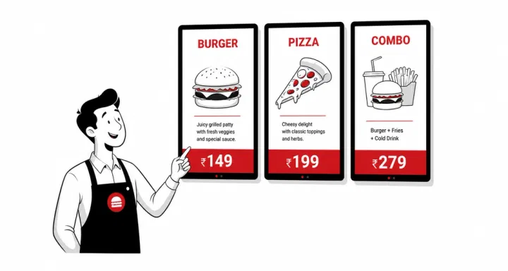 A full restaurant menu with photos and live pricing playing on a TV