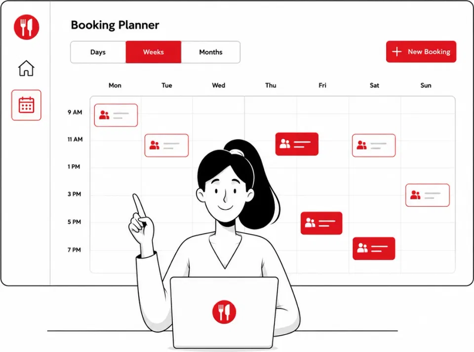 Petpooja Table Reservation Manager reservation calendar showing bookings across day, week, and month views