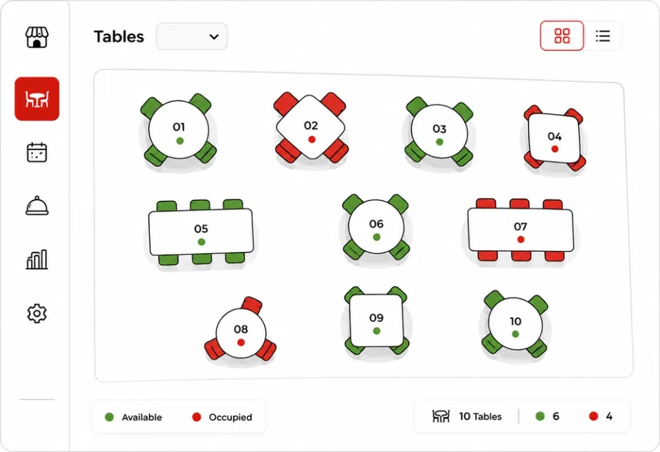 Live restaurant floor view with colour-coded table status synced from Petpooja POSS billing