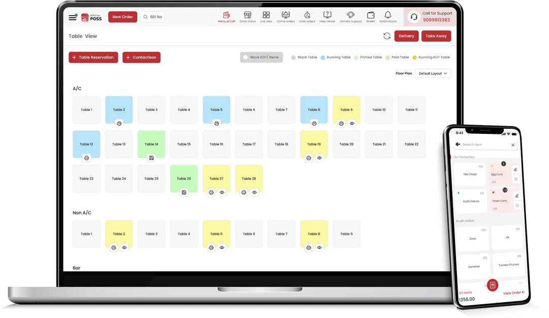 Petpooja POS dashboard table view with restaurant floor plan, table status indicators, and mobile app interface for order management