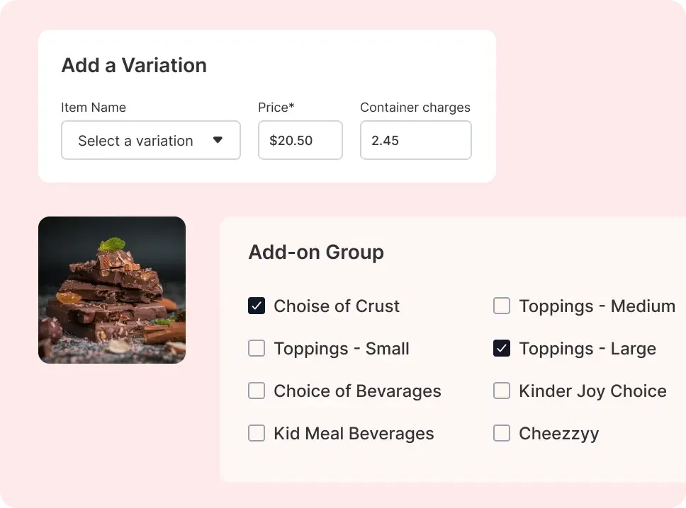 Item category, variations and add-ons