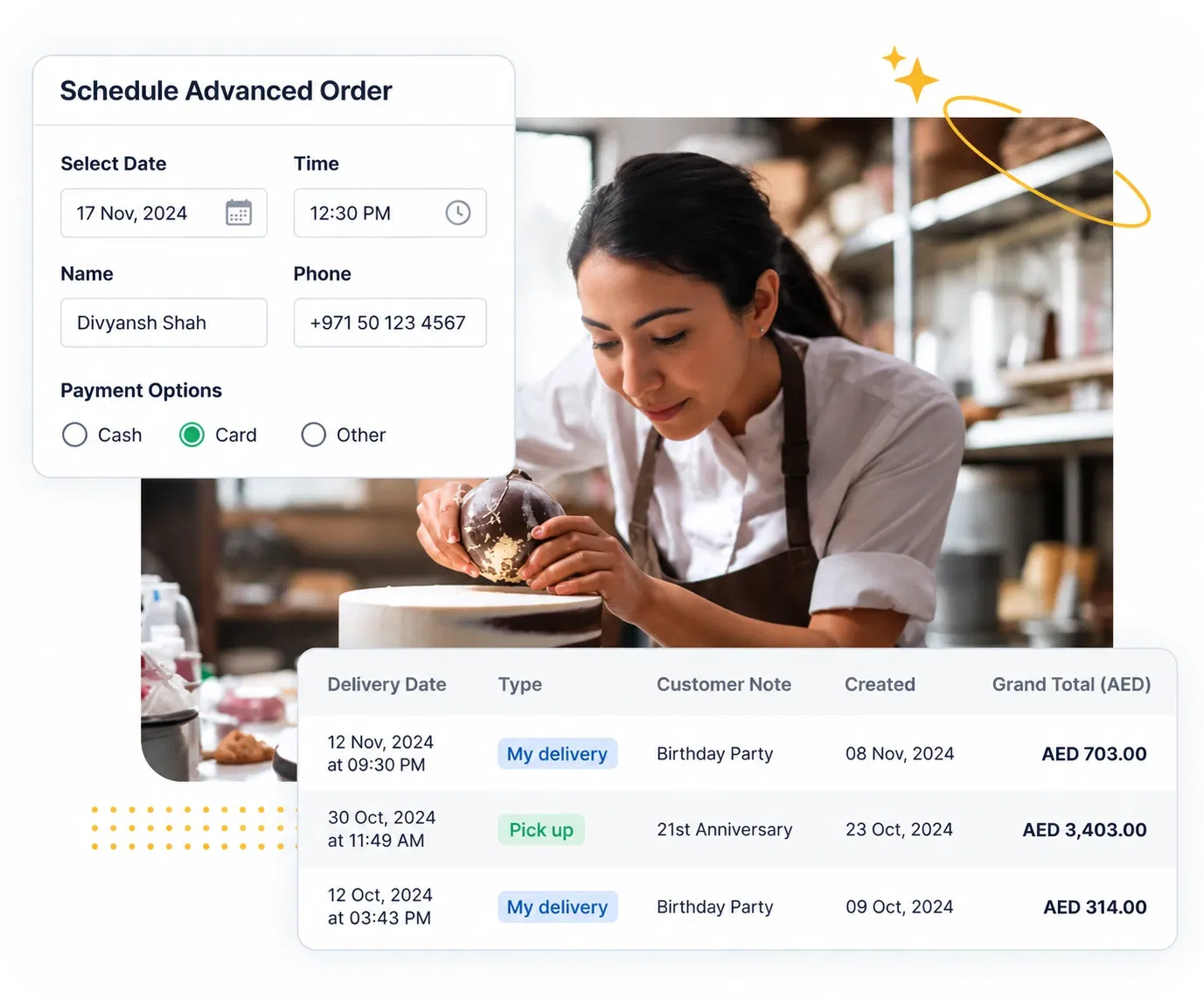 Petpooja advance order screen with delivery date, time, customer details and payment options, beside a list of scheduled orders with AED totals
