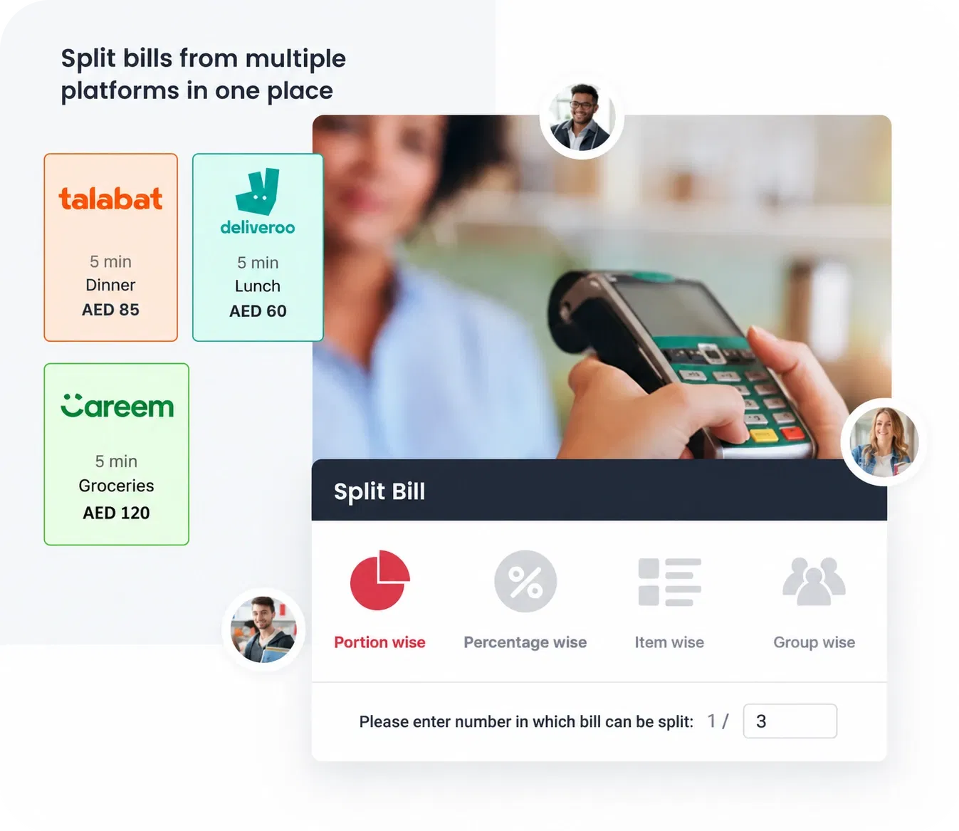 Petpooja split bill screen with orders from Talabat, Deliveroo and Careem, offering portion-wise, percentage-wise, item-wise and group-wise splitting
