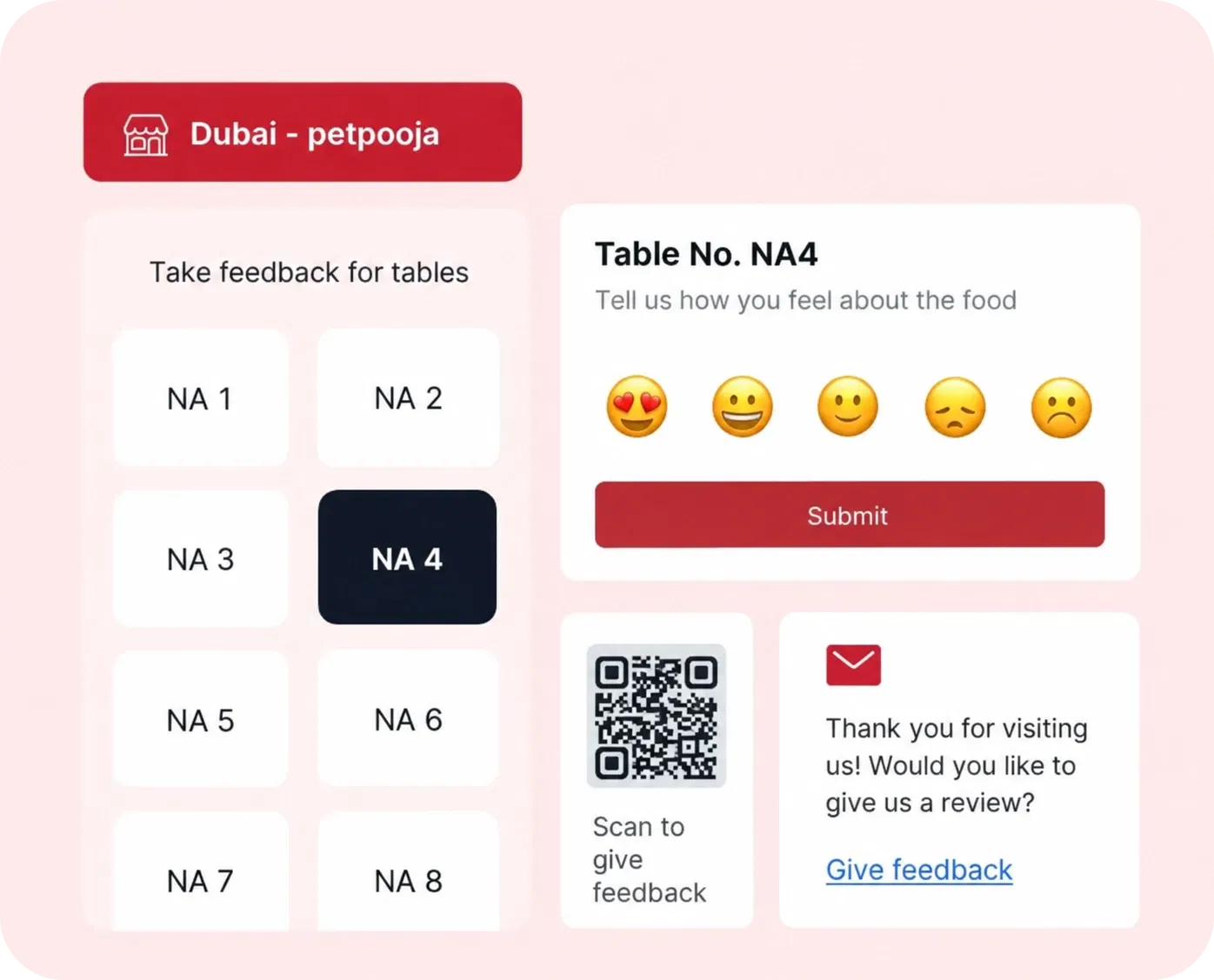 Petpooja customer feedback screen with table-wise selection, emoji ratings and a QR code customers scan to leave a review