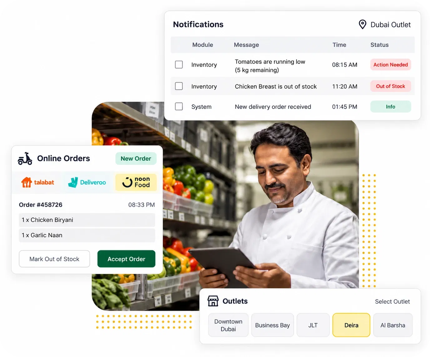 Petpooja notifications panel flagging low and out-of-stock raw materials, beside live online orders across Dubai outlets