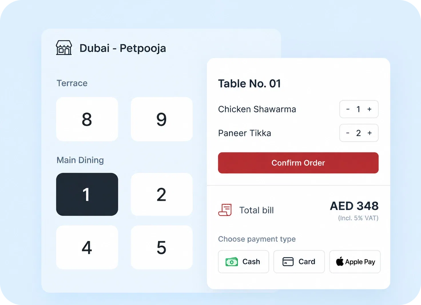 Petpooja Captain app showing Terrace and Main Dining table numbers beside an open order with items and the total bill in AED including VAT