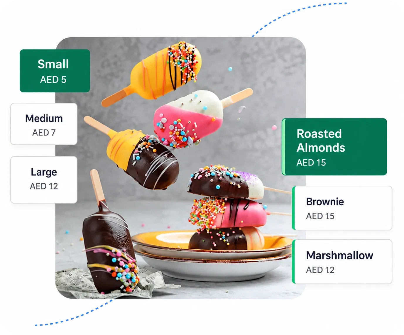 Petpooja ice cream menu with small, medium and large sizes and toppings such as roasted almonds, brownie and marshmallow priced in AED