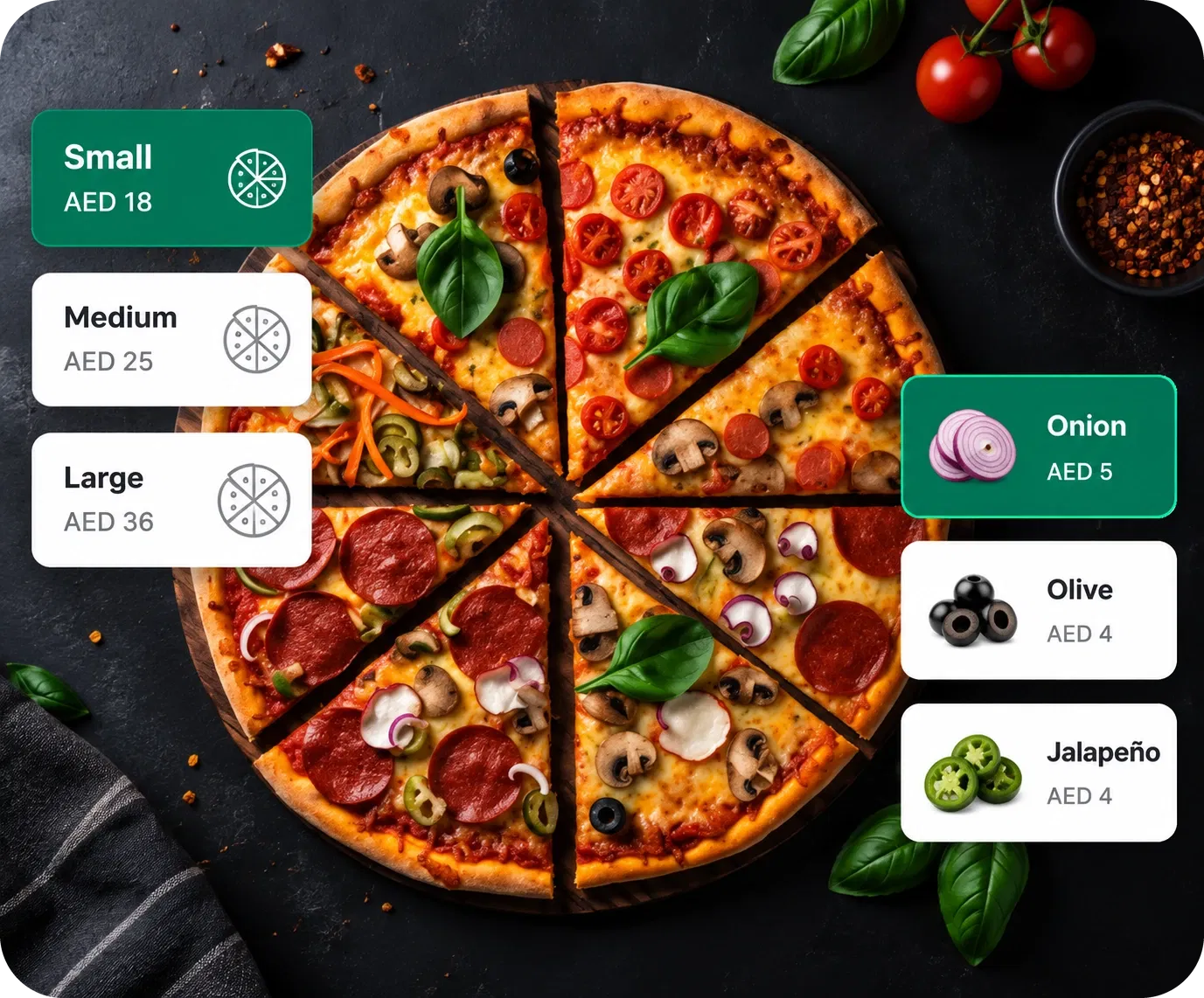 Petpooja pizza billing screen with size selection and topping customisation priced in AED