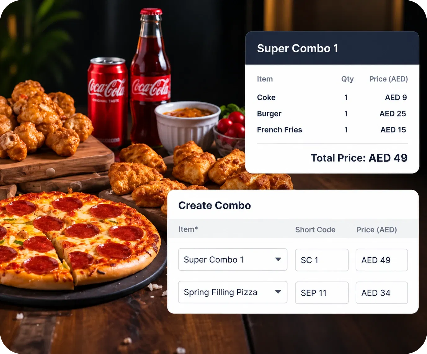 Petpooja combo builder creating a pizza meal with sides and drinks, showing the combined total price in AED