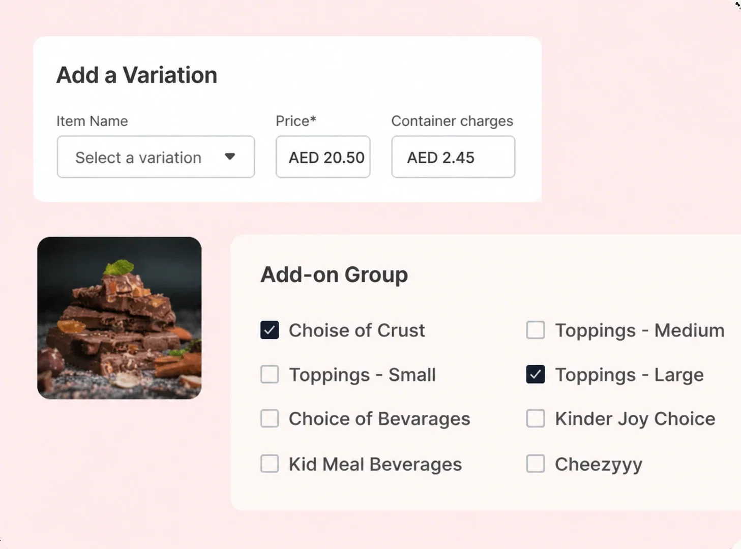 Item category, variations and add-ons