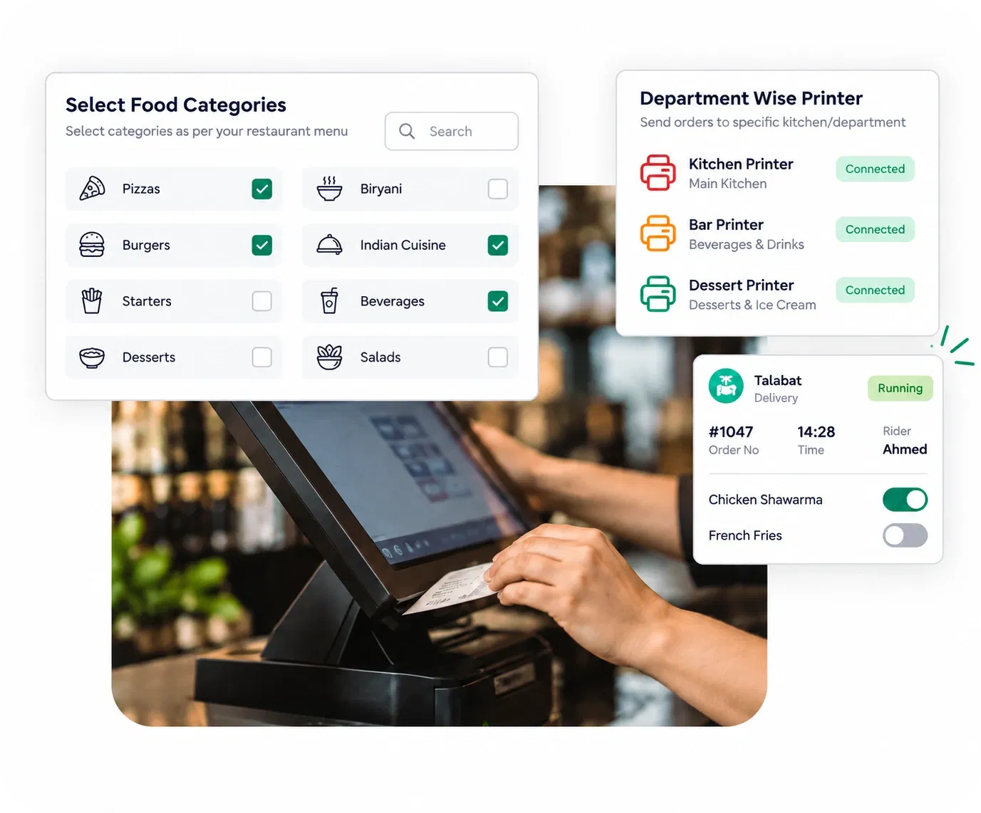 Petpooja category-wise KOT setup assigning food categories to the kitchen, bar and dessert printers