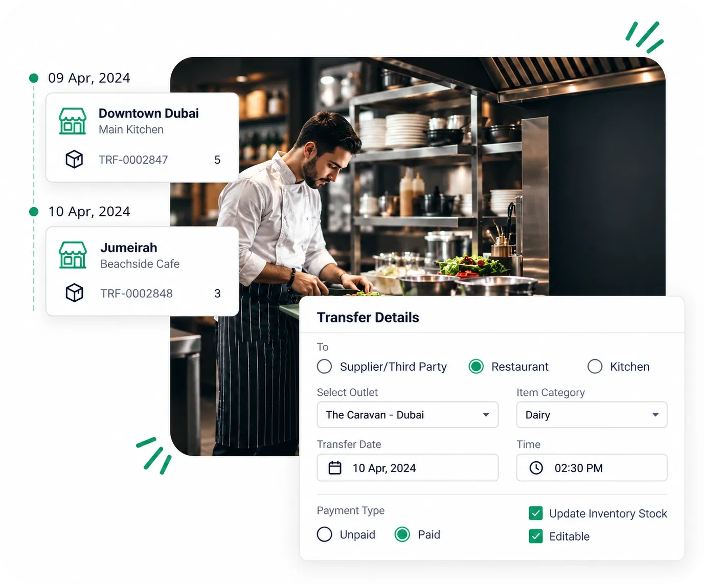 Petpooja central kitchen screen showing transfers between a Downtown Dubai main kitchen and a Jumeirah outlet, with transfer details and stock update options